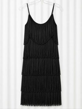 Vintage Glenrob LTD 70s Black Tiered Tassel Fringe Sleek Gatsby Flapper Dress
